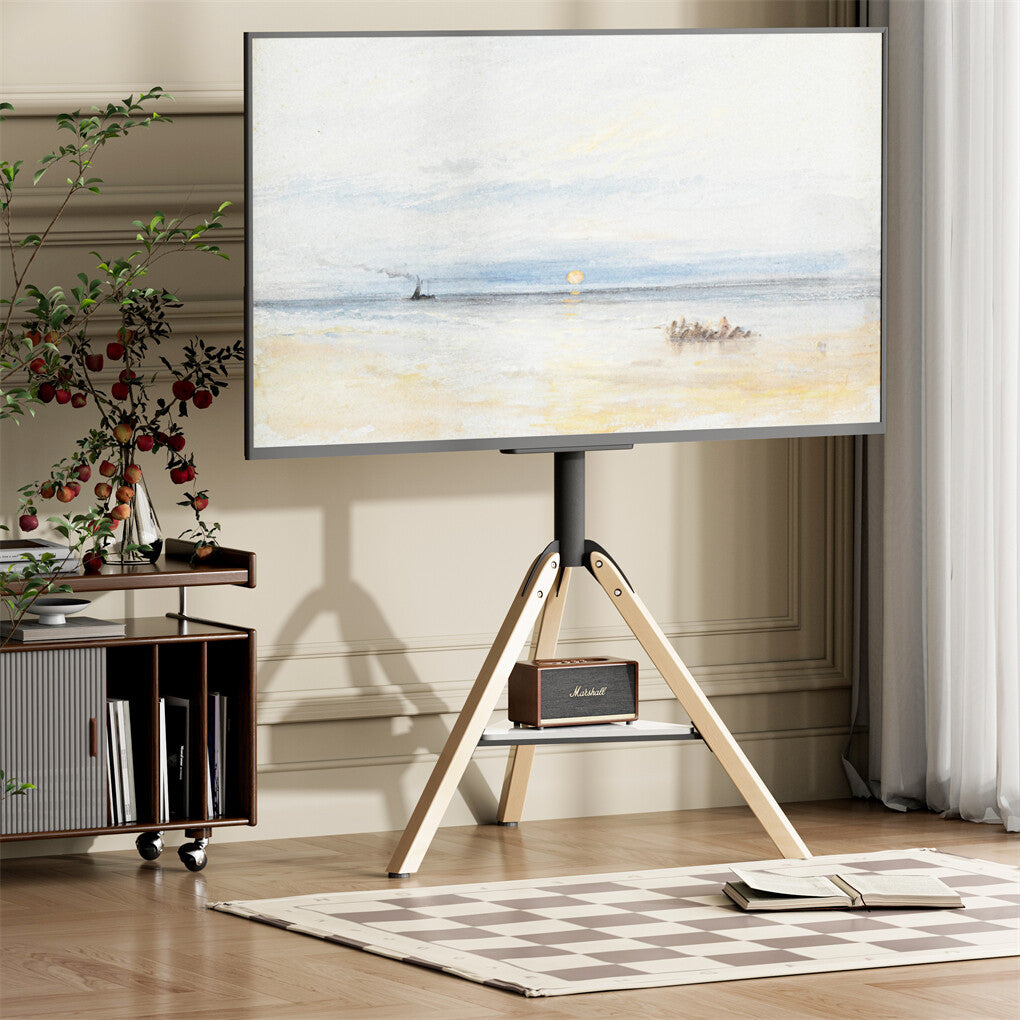 FIN 32-75 Inch Swivel Tripod TV Stand Stable Wooden Legs TV Mount with Marble Shelf V767-U-Z1618