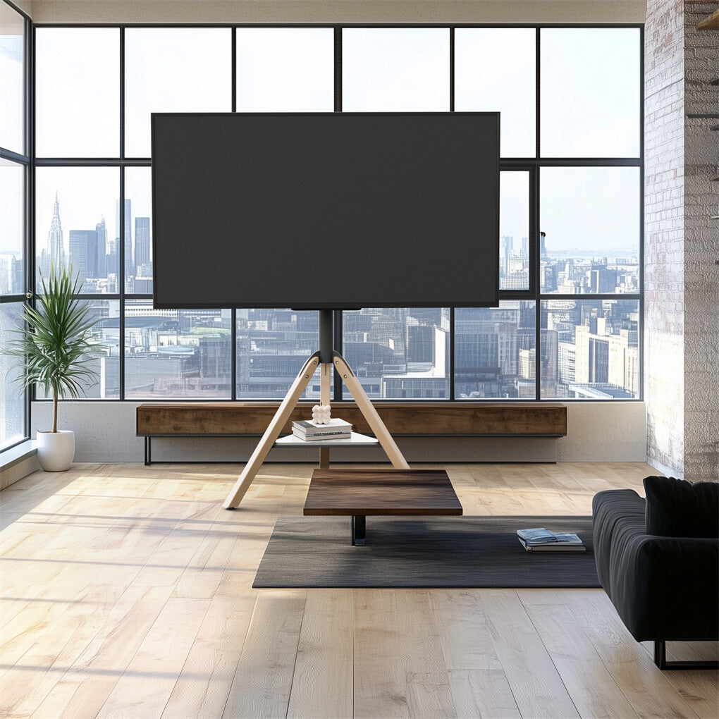 FIN 32-75 Inch Swivel Tripod TV Stand Stable Wooden Legs TV Mount with Marble Shelf V767-U-Z1618
