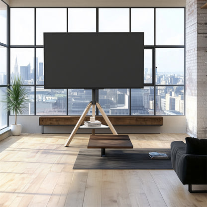 FIN 32-75 Inch Swivel Tripod TV Stand Stable Wooden Legs TV Mount with Marble Shelf V767-U-Z1618