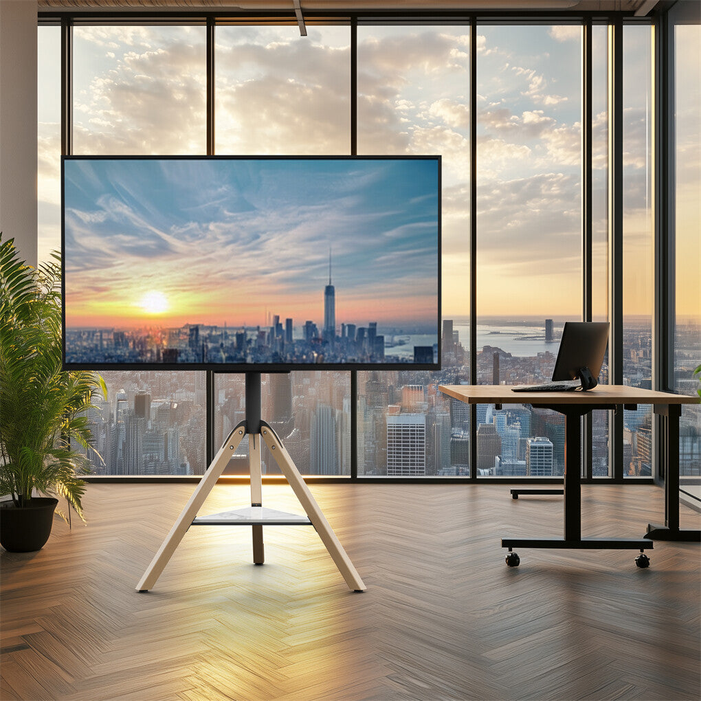 FIN 32-75 Inch Swivel Tripod TV Stand Stable Wooden Legs TV Mount with Marble Shelf V767-U-Z1618