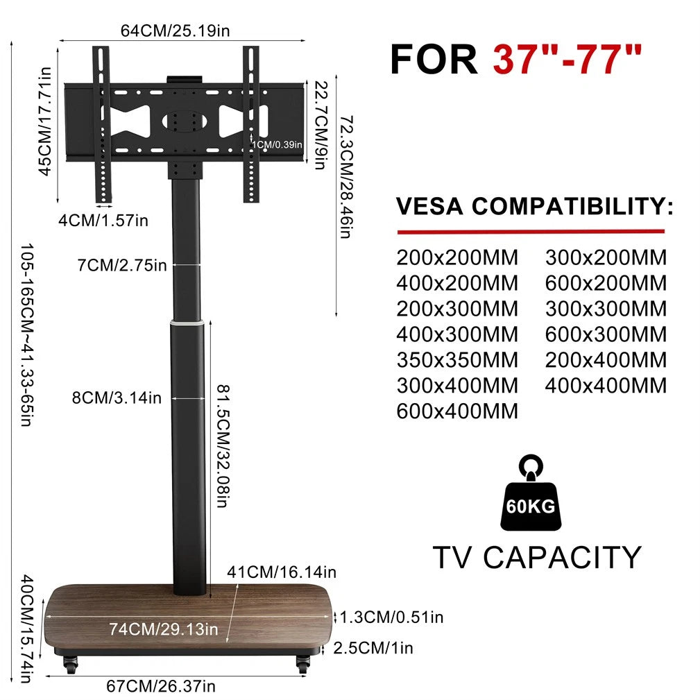 37-75 Inch Electric Height Adjustable Rolling TV Stand - Motorized Floor Mount with Remote Control, Shelf & V767-U-Z1876-AU