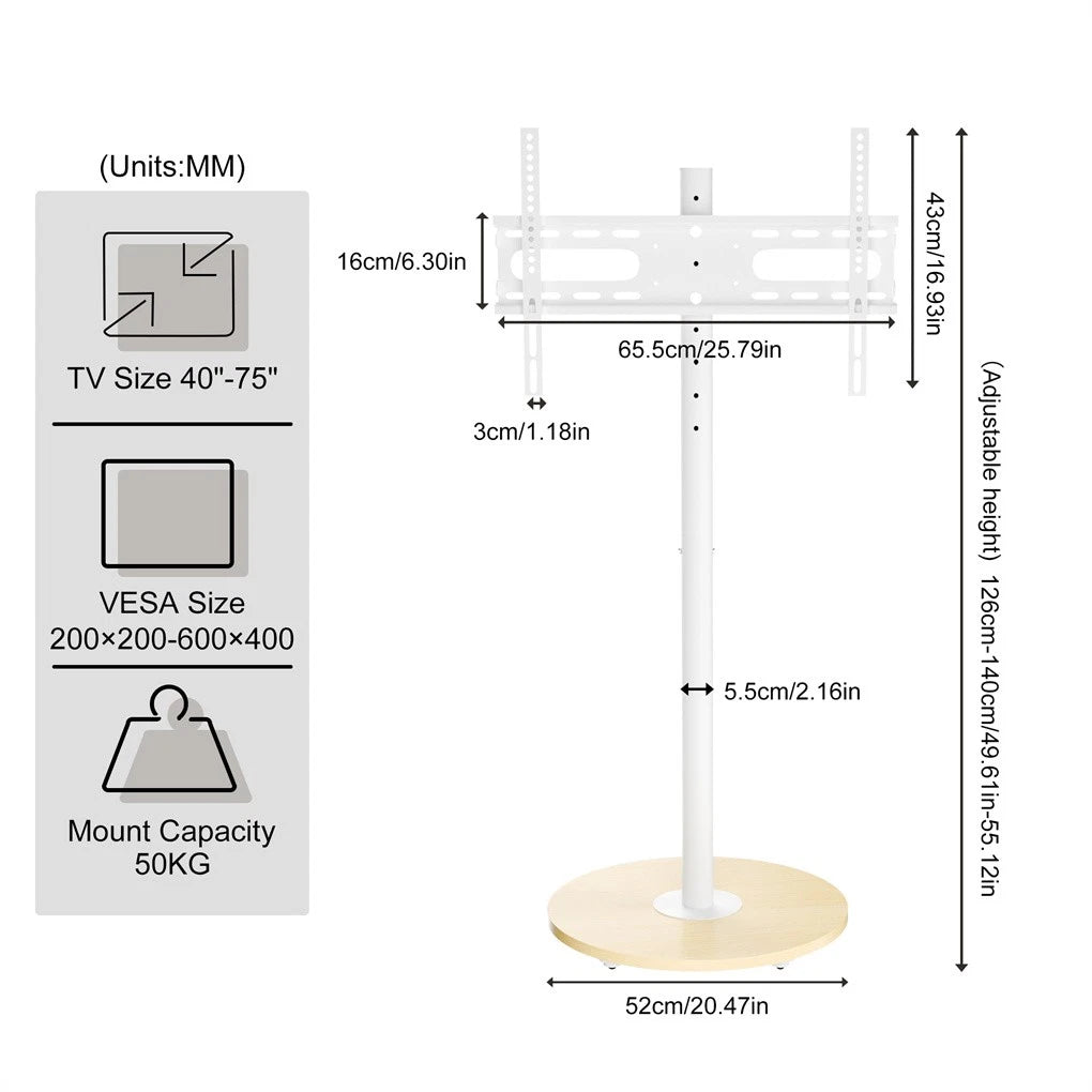 40-75 Inches Rolling TV Floor Stand Heavy Duty Steel TV Cart Mount with Hidden Wheels, Height Adjustable V767-U-Z1966-WT