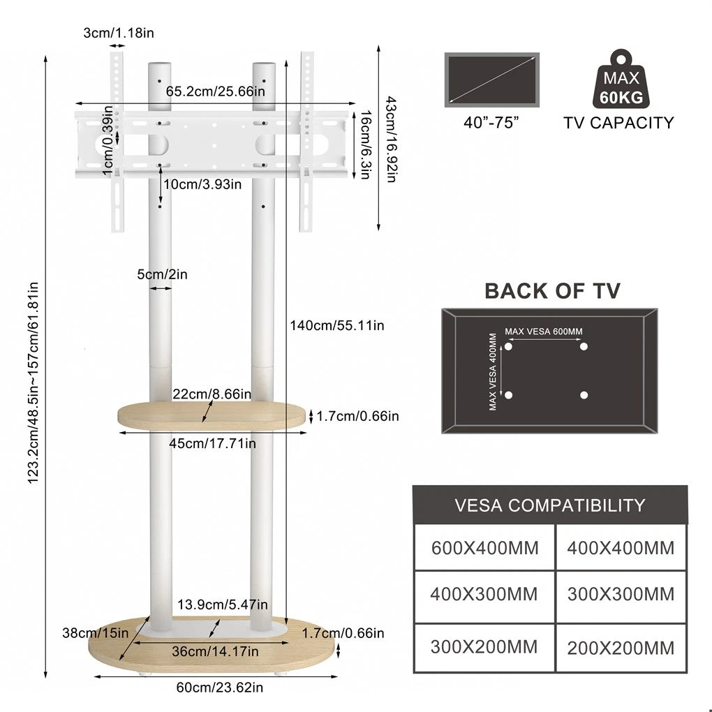 40-75 Inches Heavy Duty Mobile TV Floor Stand with Wooden Shelf, Height Adjustable Rolling TV Mount for Flat V767-U-Z1968-WT