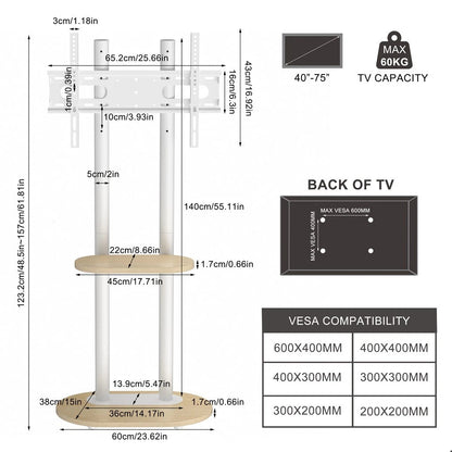 40-75 Inches Heavy Duty Mobile TV Floor Stand with Wooden Shelf, Height Adjustable Rolling TV Mount for Flat V767-U-Z1968-WT