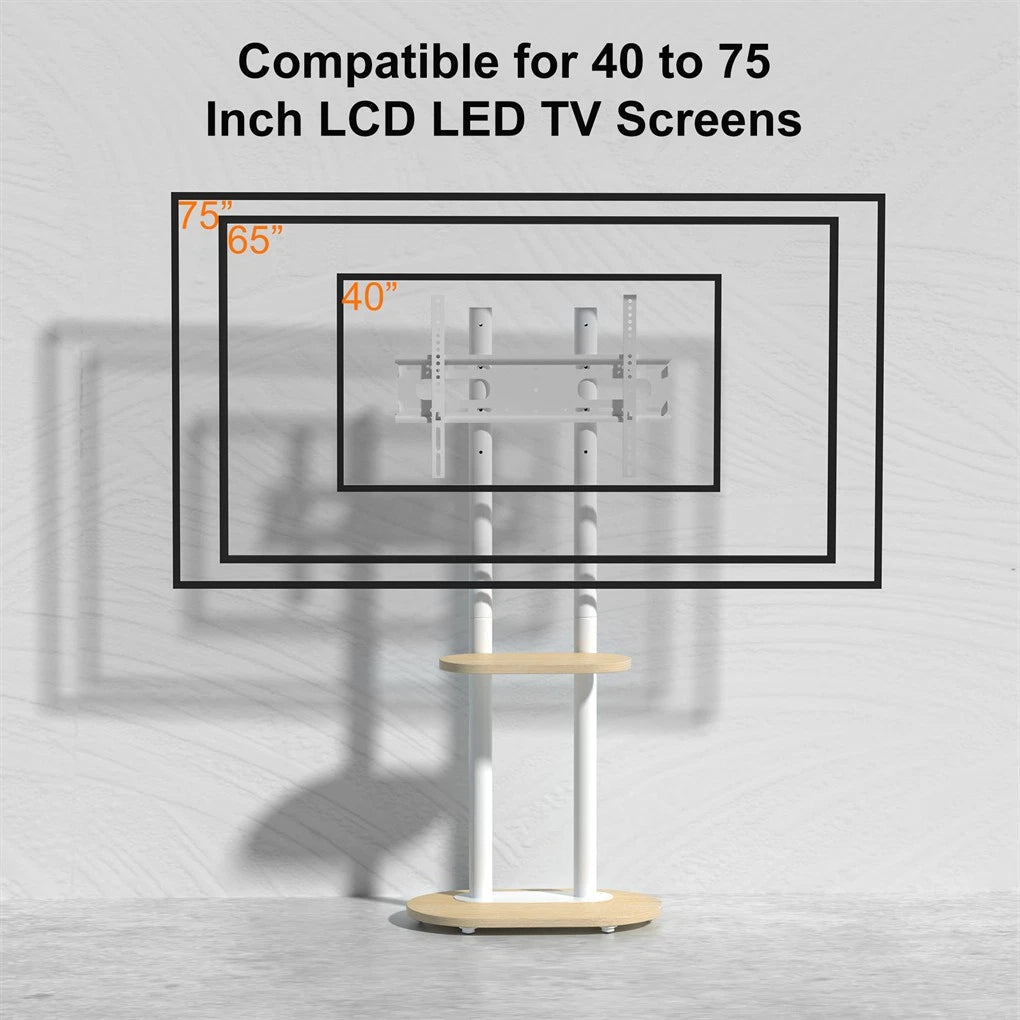 40-75 Inches Heavy Duty Mobile TV Floor Stand with Wooden Shelf, Height Adjustable Rolling TV Mount for Flat V767-U-Z1968-WT