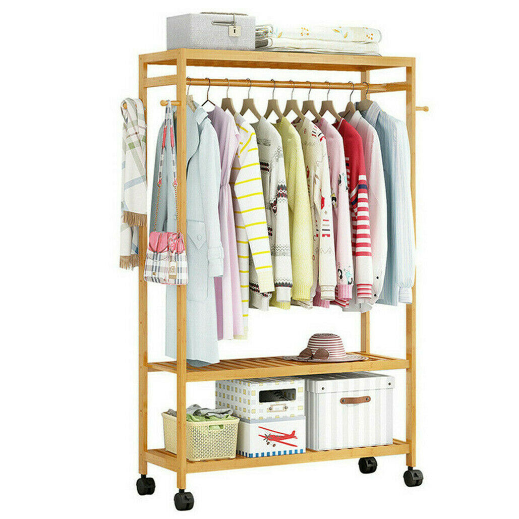 169cm Mildrew-proof Bamboo Clothes Shelves Stand On Wheels Coat Shoes Bags Rack V767-X8JJZ-G1