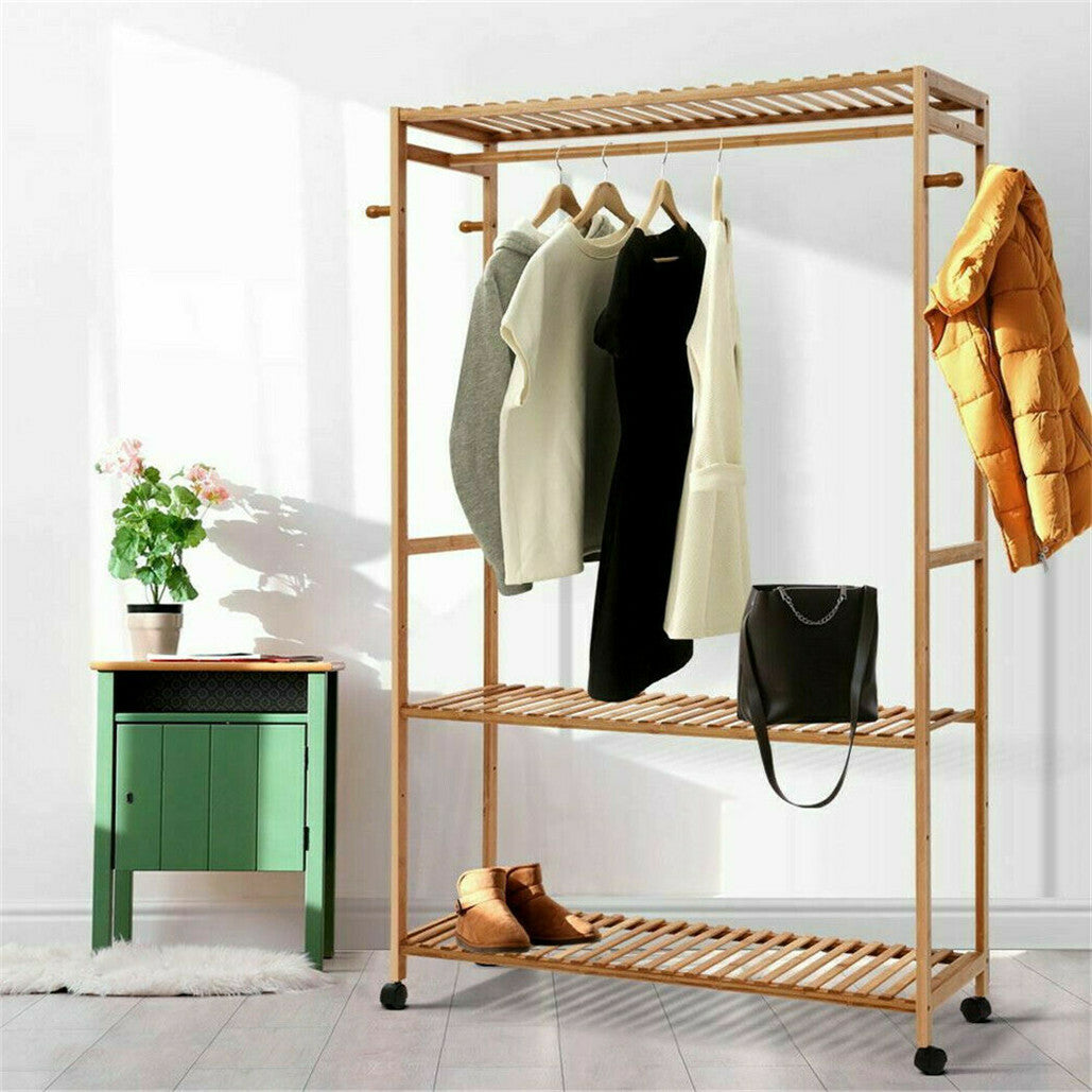169cm Mildrew-proof Bamboo Clothes Shelves Stand On Wheels Coat Shoes Bags Rack V767-X8JJZ-G1