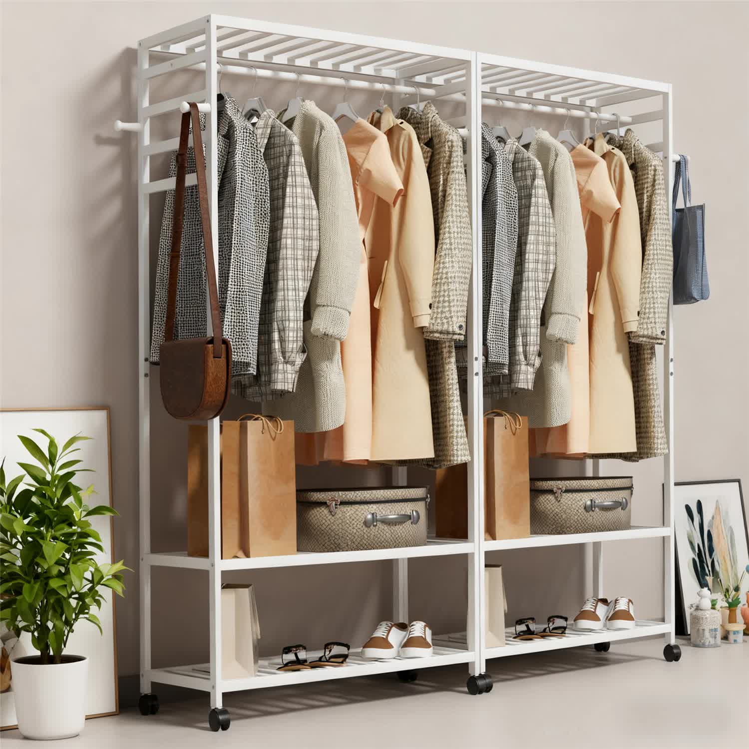 XXL Bamboo Clothes Rail Coat Rack with Wheels, Wooden Open Wardrobe Garment Organizer with Hanging Rod, V767-X8JJZ-W