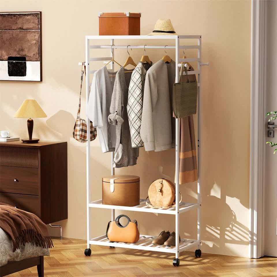XXL Bamboo Clothes Rail Coat Rack with Wheels, Wooden Open Wardrobe Garment Organizer with Hanging Rod, V767-X8JJZ-W