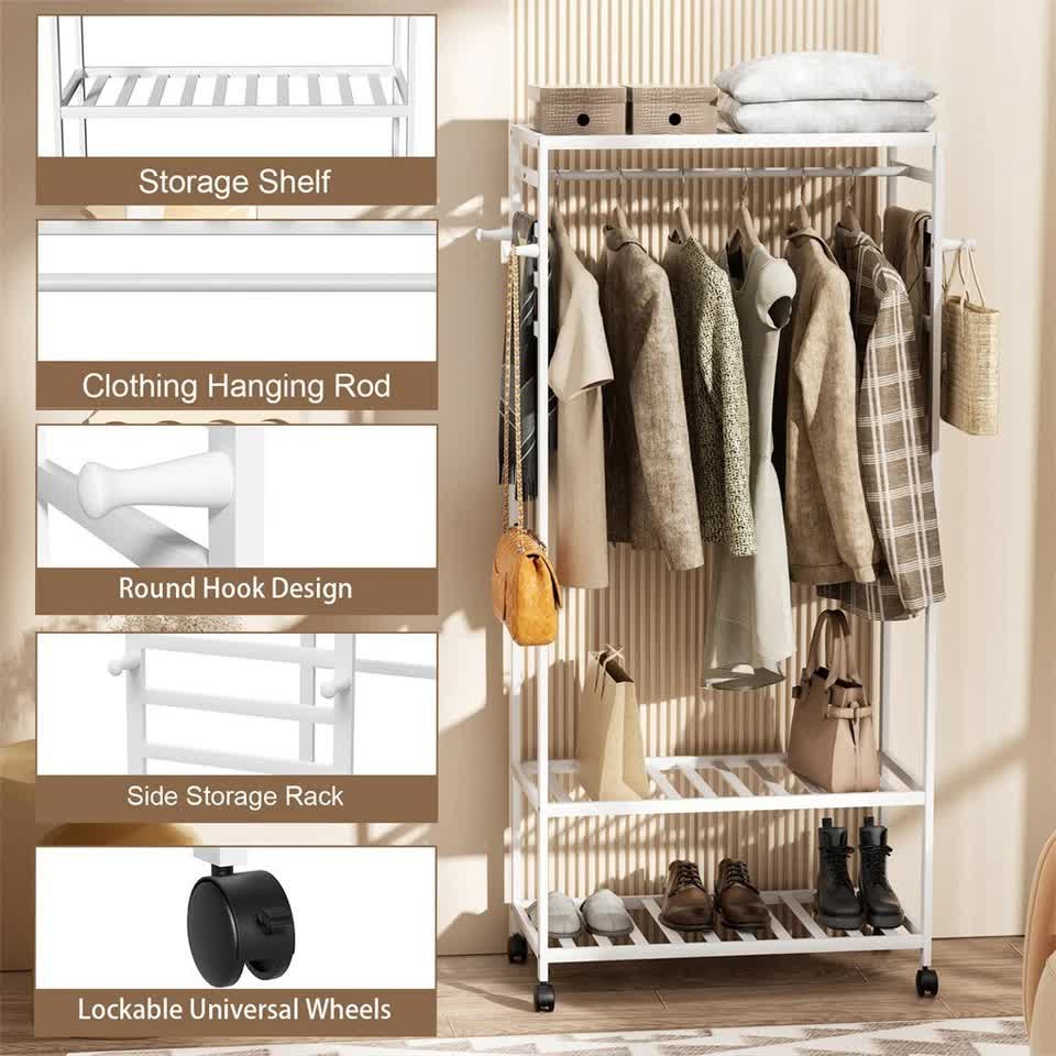 XXL Bamboo Clothes Rail Coat Rack with Wheels, Wooden Open Wardrobe Garment Organizer with Hanging Rod, V767-X8JJZ-W