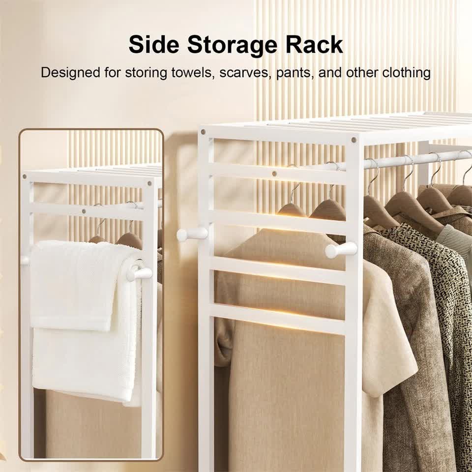 XXL Bamboo Clothes Rail Coat Rack with Wheels, Wooden Open Wardrobe Garment Organizer with Hanging Rod, V767-X8JJZ-W