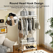 XXL Bamboo Clothes Rail Coat Rack with Wheels, Wooden Open Wardrobe Garment Organizer with Hanging Rod, V767-X8JJZ-W