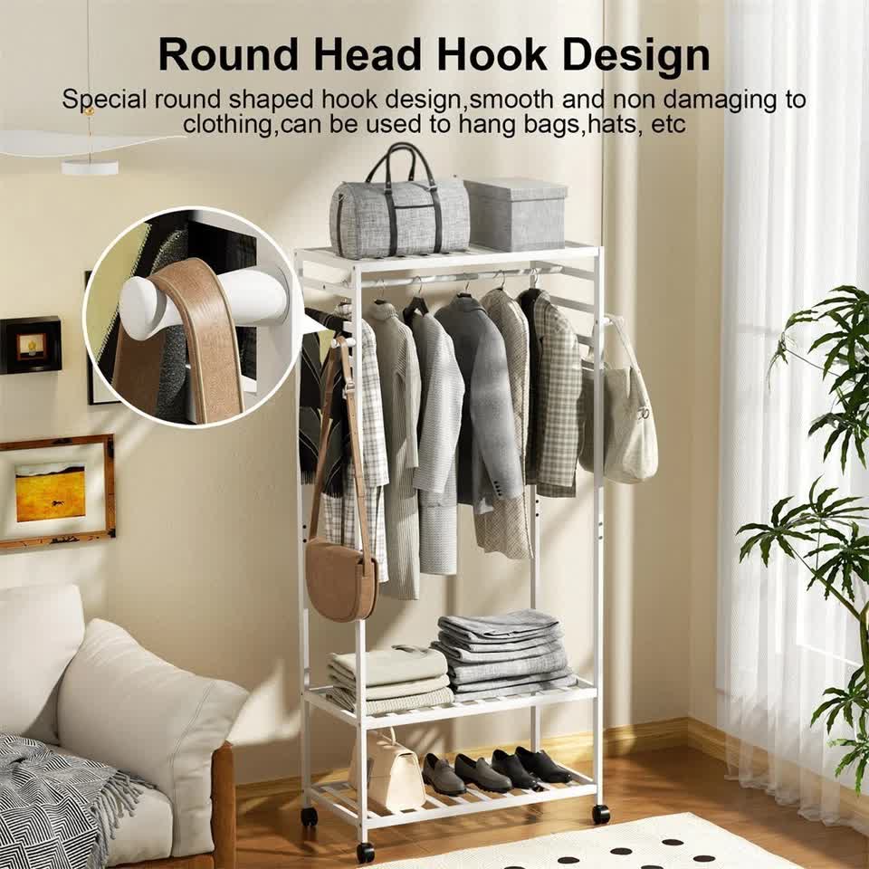 XXL Bamboo Clothes Rail Coat Rack with Wheels, Wooden Open Wardrobe Garment Organizer with Hanging Rod, V767-X8JJZ-W