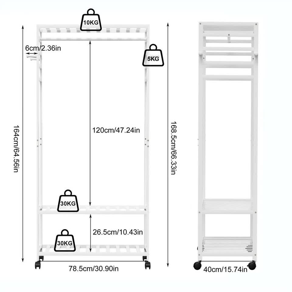 XXL Bamboo Clothes Rail Coat Rack with Wheels, Wooden Open Wardrobe Garment Organizer with Hanging Rod, V767-X8JJZ-W