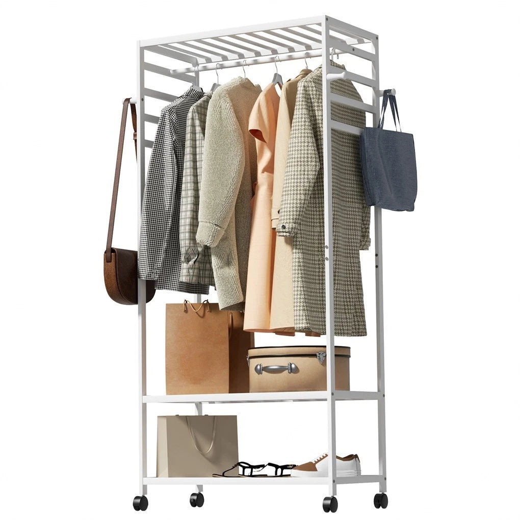 XXL Bamboo Clothes Rail Coat Rack with Wheels, Wooden Open Wardrobe Garment Organizer with Hanging Rod, V767-X8JJZ-WT