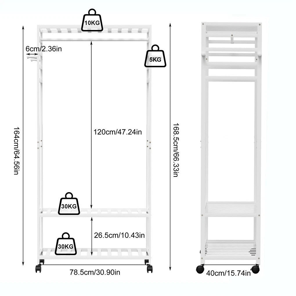 XXL Bamboo Clothes Rail Coat Rack with Wheels, Wooden Open Wardrobe Garment Organizer with Hanging Rod, V767-X8JJZ-WT
