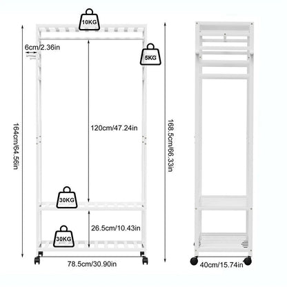 XXL Bamboo Clothes Rail Coat Rack with Wheels, Wooden Open Wardrobe Garment Organizer with Hanging Rod, V767-X8JJZ-WT