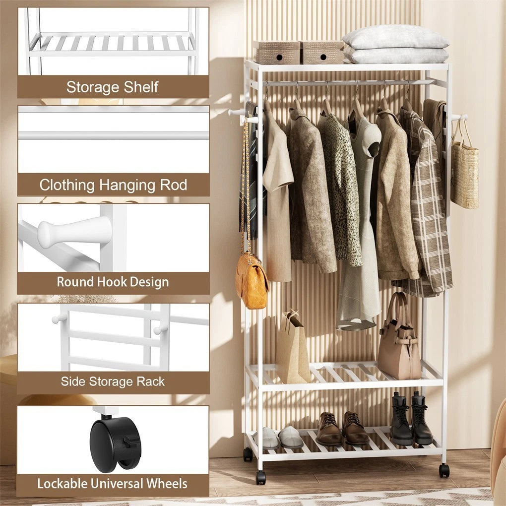 XXL Bamboo Clothes Rail Coat Rack with Wheels, Wooden Open Wardrobe Garment Organizer with Hanging Rod, V767-X8JJZ-WT