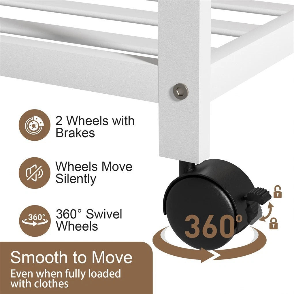 XXL Bamboo Clothes Rail Coat Rack with Wheels, Wooden Open Wardrobe Garment Organizer with Hanging Rod, V767-X8JJZ-WT