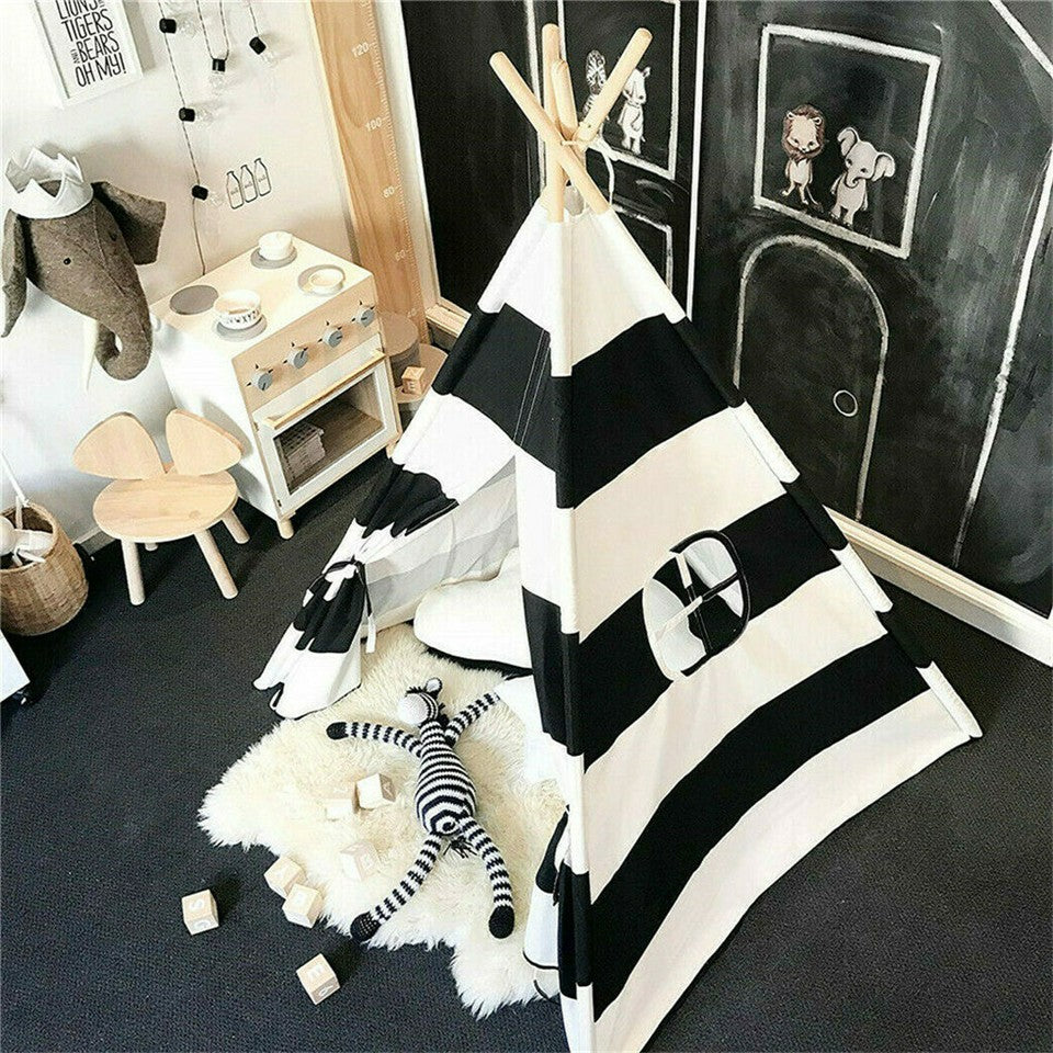 Kids Teepee Tent Black and White Stripe Children Play House for Indoor & Garden V767-XJJ162-BAW-DZ