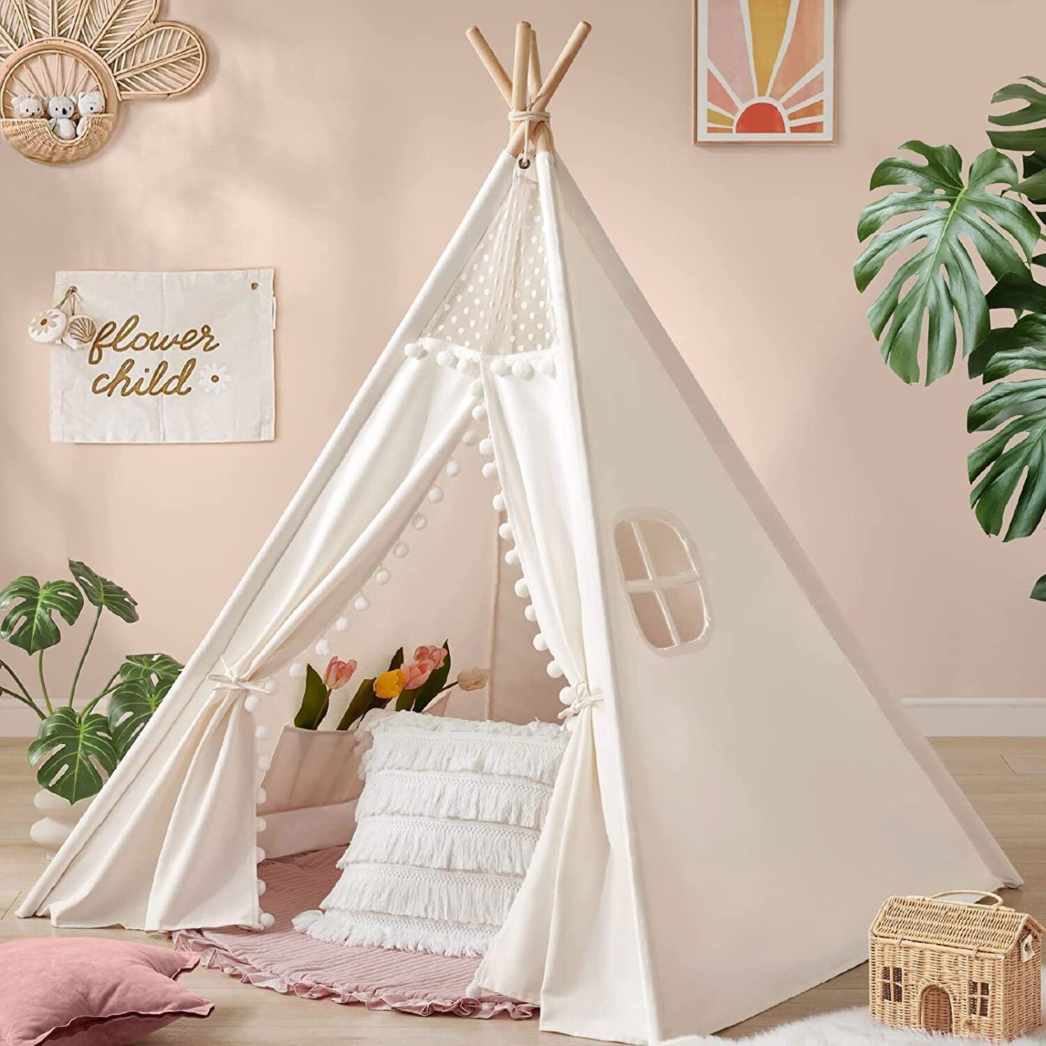 Xxl Kids Play Teepee Tent Indoor Boho Tent Foldable Tipi With Window/Pompom/Mat V767-XJJ162-NP