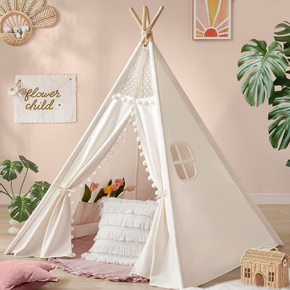Xxl Kids Play Teepee Tent Indoor Boho Tent Foldable Tipi With Window/Pompom/Mat V767-XJJ162-NP