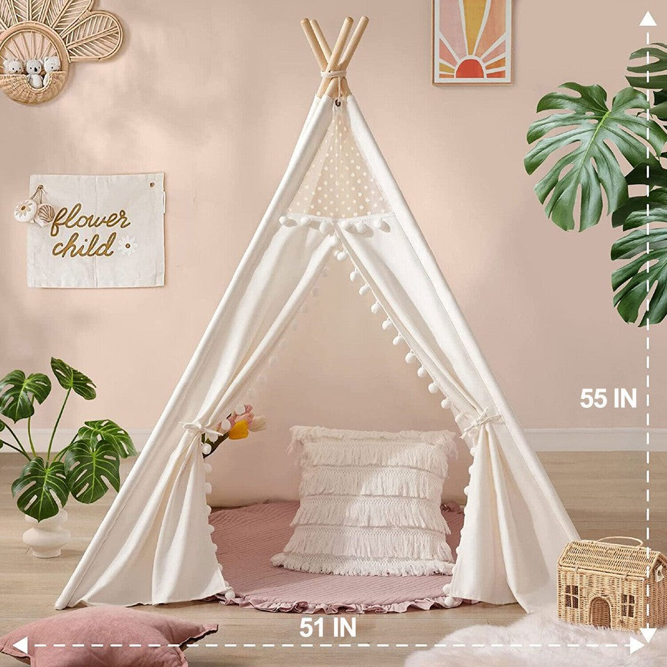 Xxl Kids Play Teepee Tent Indoor Boho Tent Foldable Tipi With Window/Pompom/Mat V767-XJJ162-NP