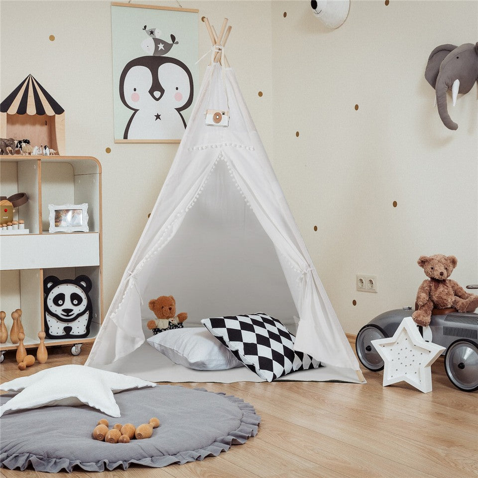 Xxl Kids Play Teepee Tent Indoor Boho Tent Foldable Tipi With Window/Pompom/Mat V767-XJJ162-NP
