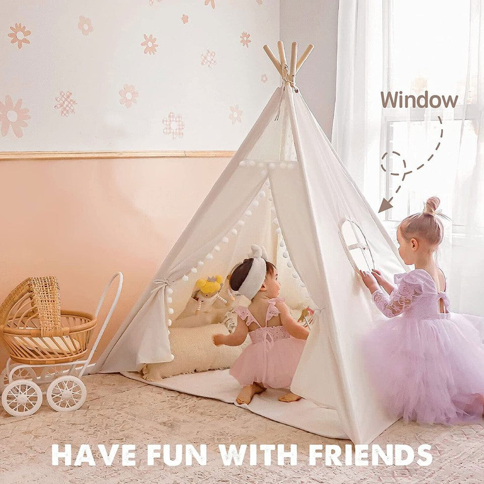 Xxl Kids Play Teepee Tent Indoor Boho Tent Foldable Tipi With Window/Pompom/Mat V767-XJJ162-NP