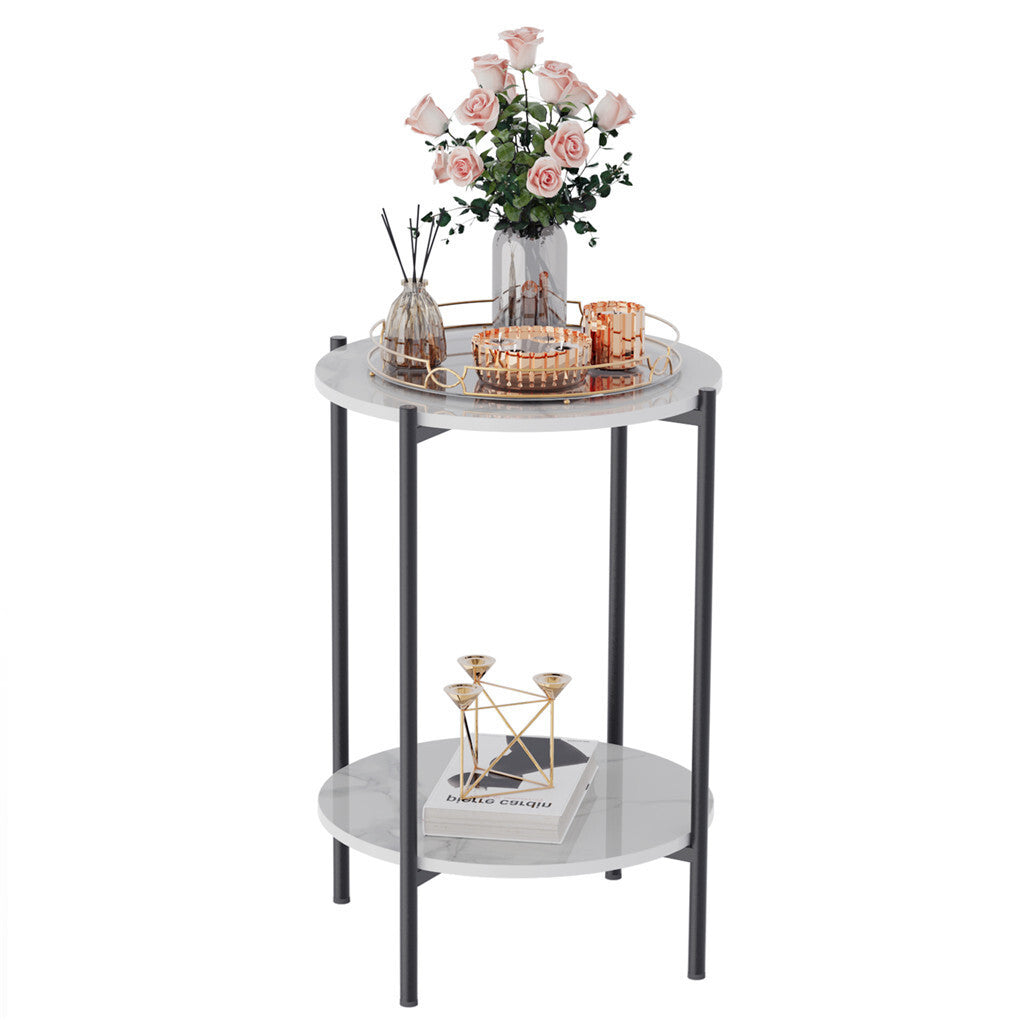 High Gloss Marble Top End Table Coffee Side Table w/ Rustproof Solid Iron Frame V767-XJJ307-BK