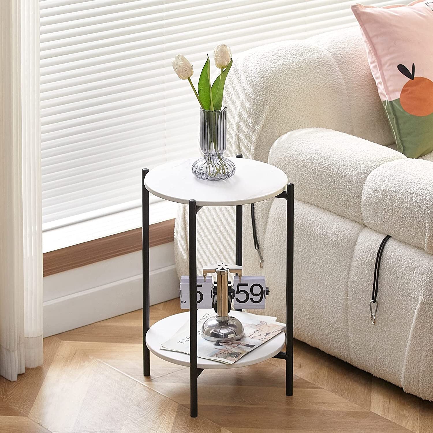 High Gloss Marble Top End Table Coffee Side Table w/ Rustproof Solid Iron Frame V767-XJJ307-BK