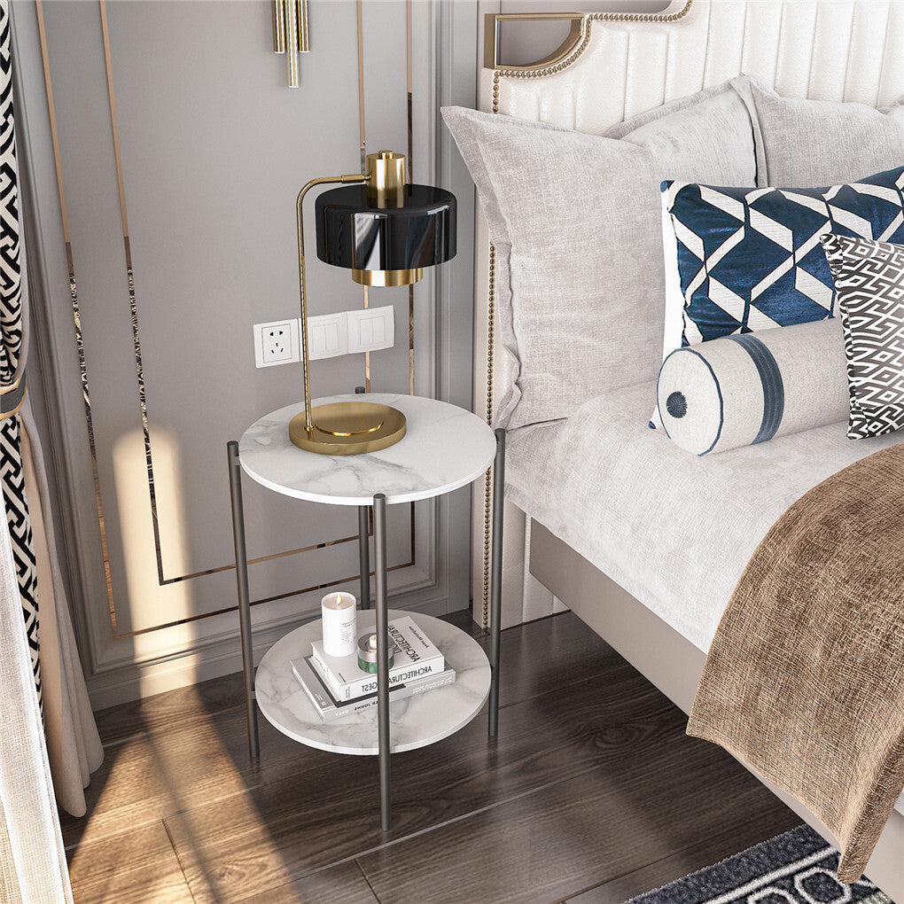 High Gloss Marble Top End Table Coffee Side Table w/ Rustproof Solid Iron Frame V767-XJJ307-BK