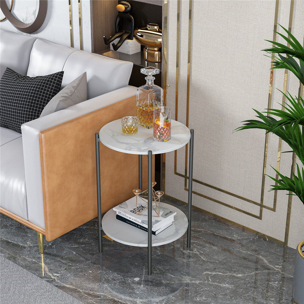 High Gloss Marble Top End Table Coffee Side Table w/ Rustproof Solid Iron Frame V767-XJJ307-BK