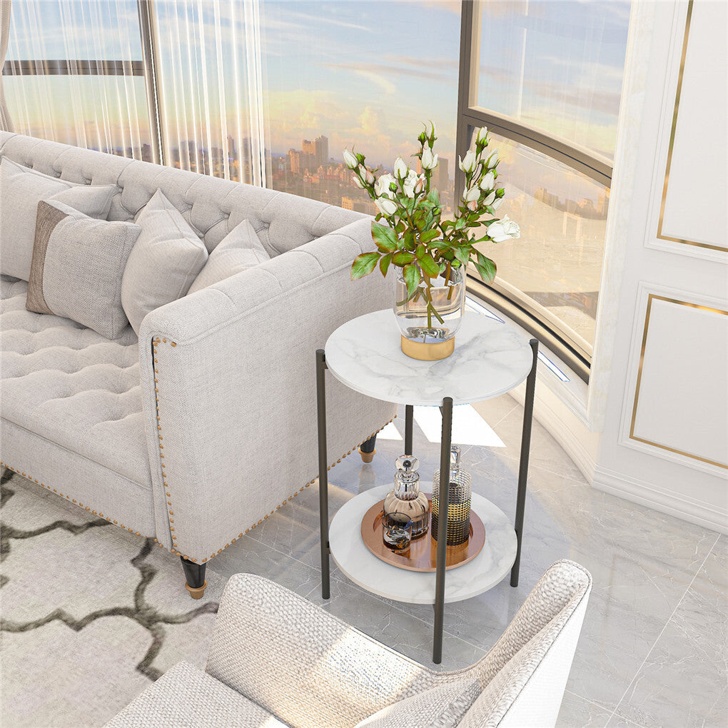 High Gloss Marble Top End Table Coffee Side Table w/ Rustproof Solid Iron Frame V767-XJJ307-BK