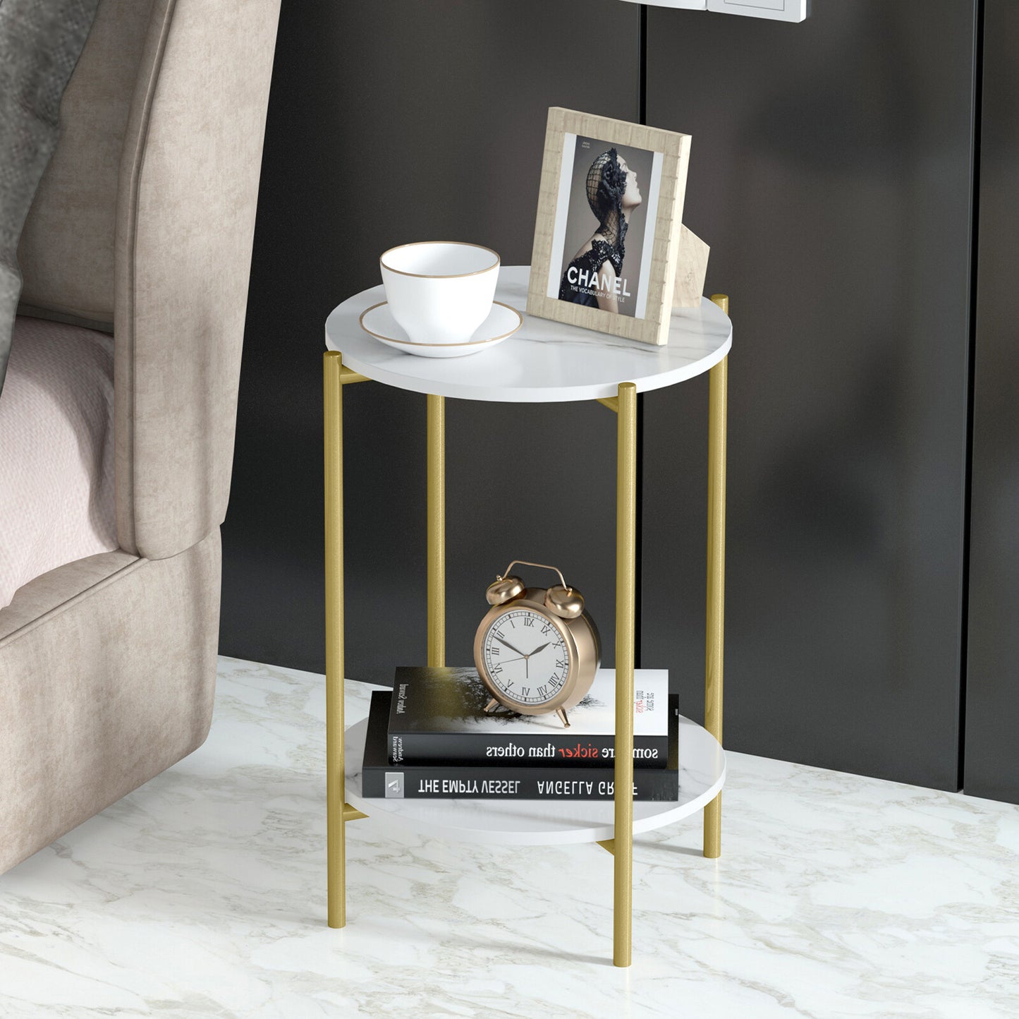 e Store - Marble Sofa Side End Table/Coffee Table with Shelf & Gold Iron Legs V767-XJJ307-GD