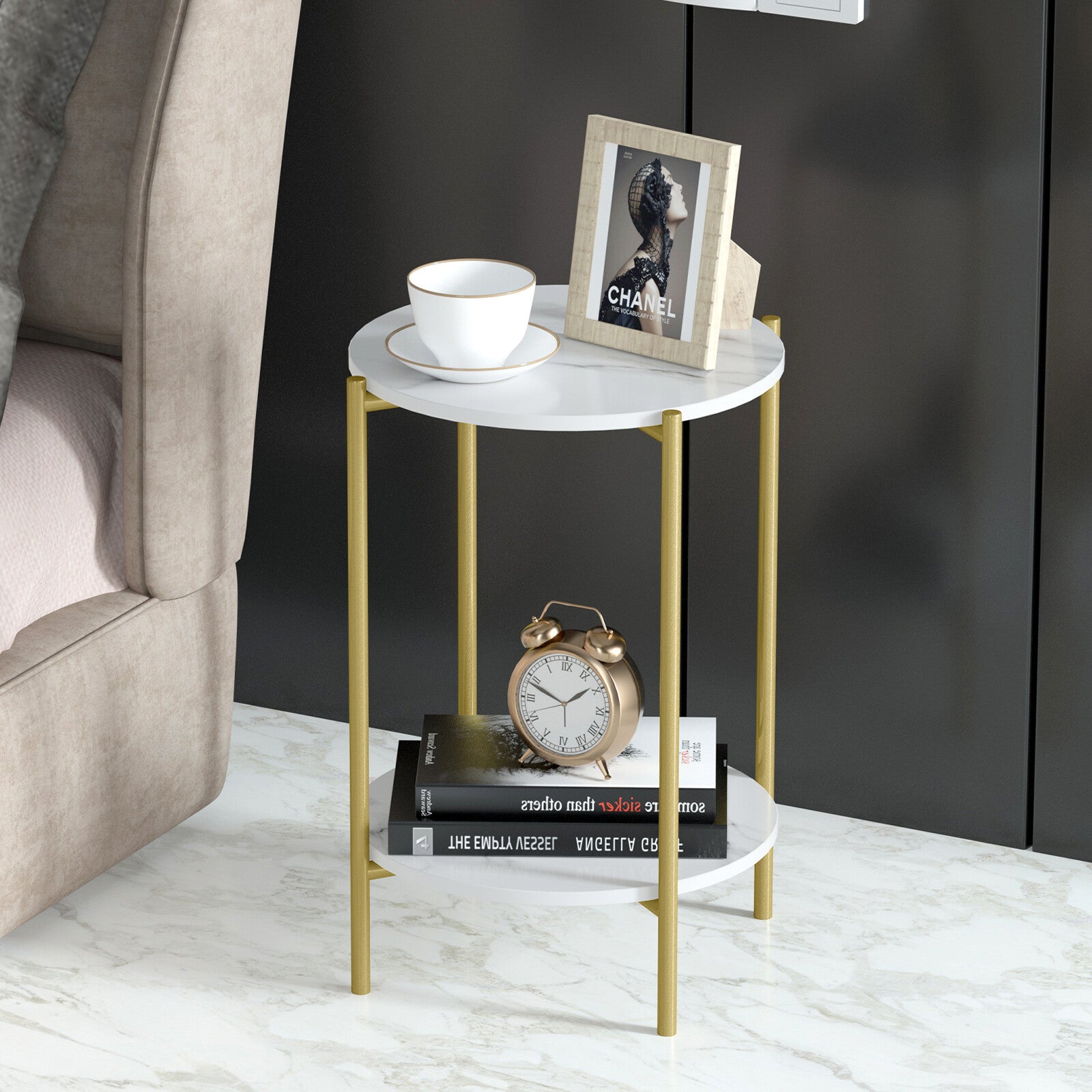 e Store - Marble Sofa Side End Table/Coffee Table with Shelf & Gold Iron Legs V767-XJJ307-GD