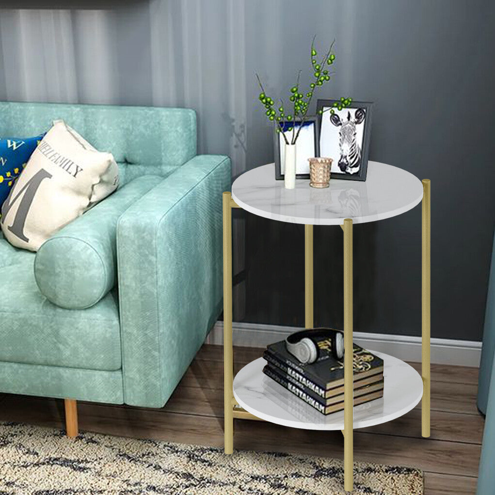 e Store - Marble Sofa Side End Table/Coffee Table with Shelf & Gold Iron Legs V767-XJJ307-GD