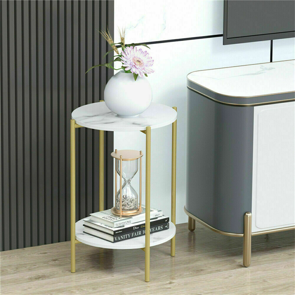 e Store - Marble Sofa Side End Table/Coffee Table with Shelf & Gold Iron Legs V767-XJJ307-GD