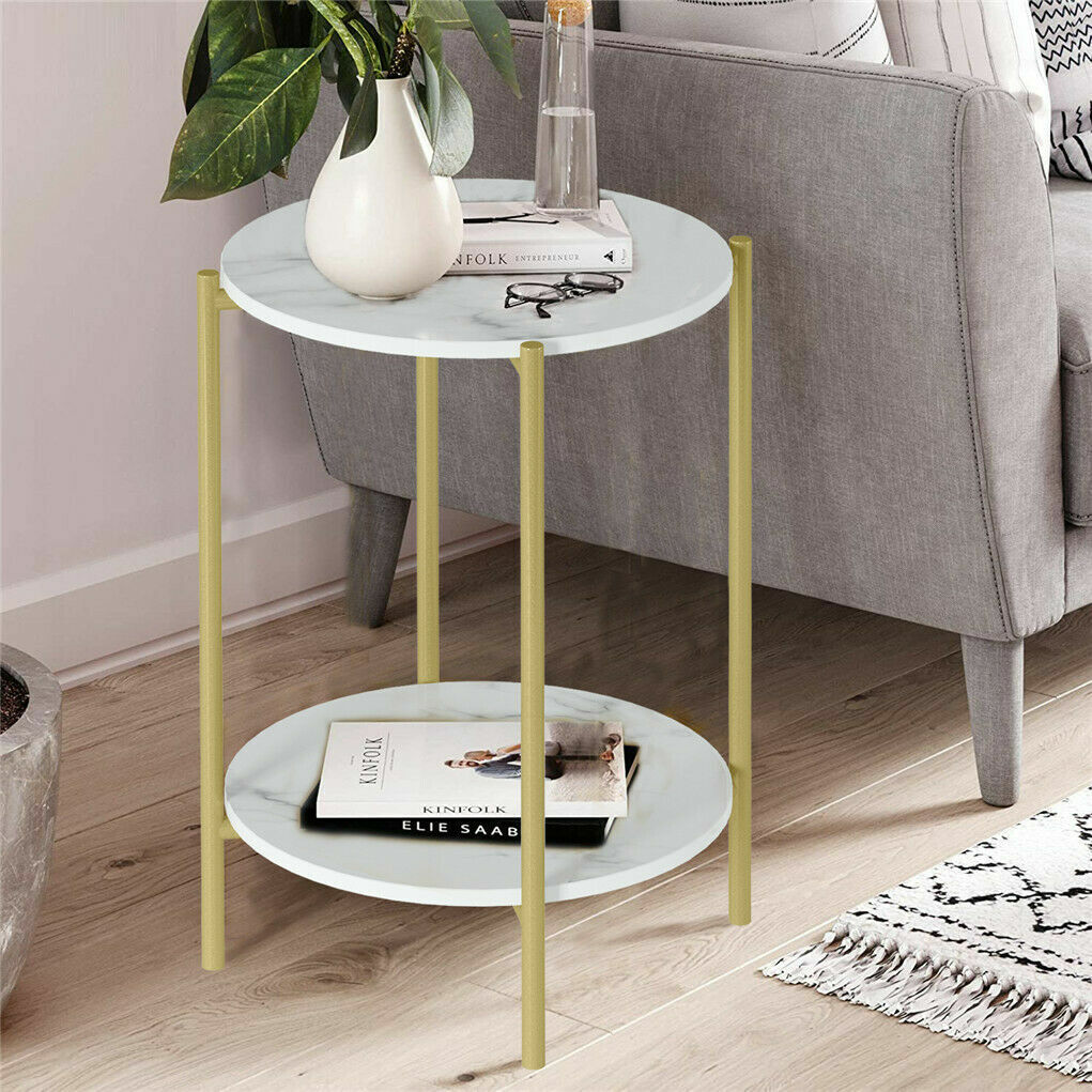 e Store - Marble Sofa Side End Table/Coffee Table with Shelf & Gold Iron Legs V767-XJJ307-GD