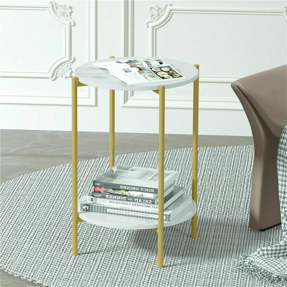 e Store - Marble Sofa Side End Table/Coffee Table with Shelf & Gold Iron Legs V767-XJJ307-GD