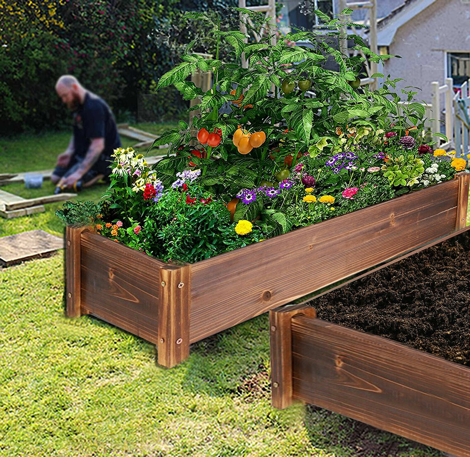 Large Rectangular Wooden Planters Garden Outdoor Flower Plant Herbs Pot Boxes V767-XJJ350