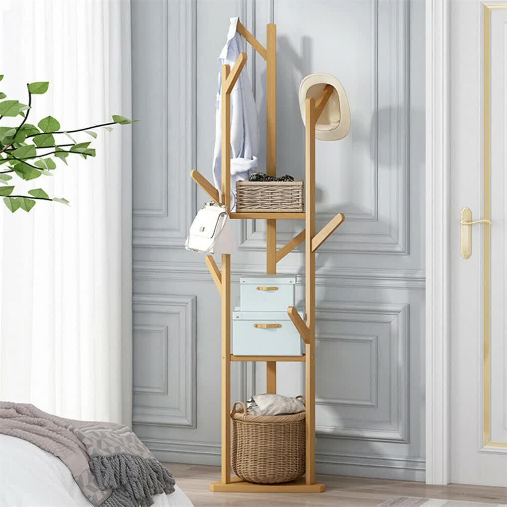 Wooden Coat and Hat Stand with 10 Hooks - Floor Standing Clothes and Umbrella Rack V767-XJJ43-G2