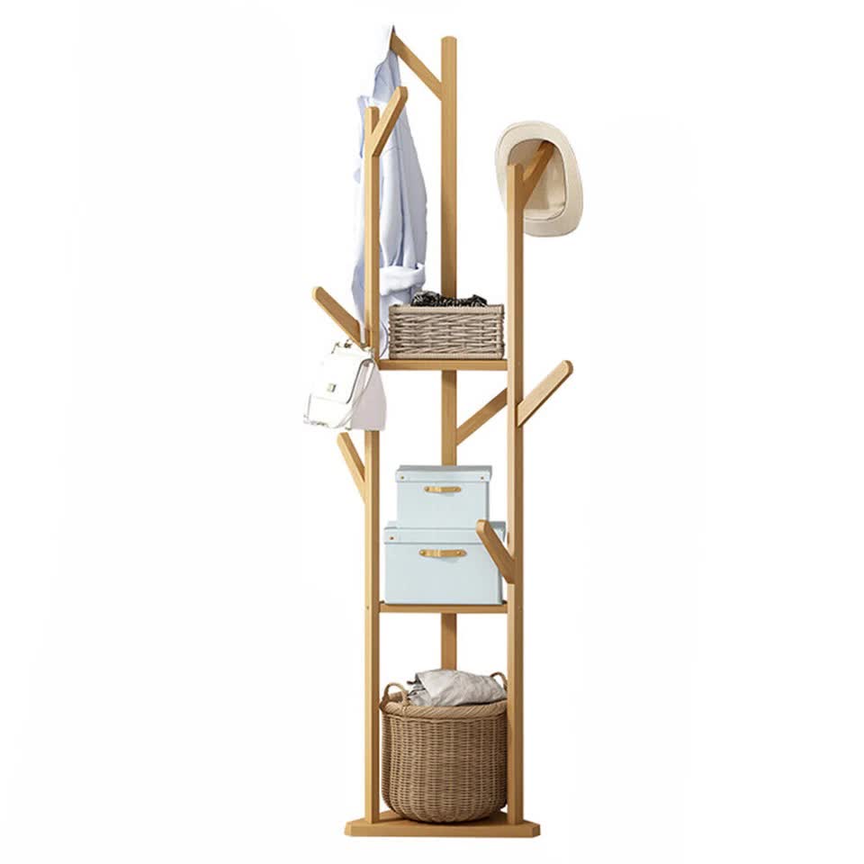 Wooden Coat and Hat Stand with 10 Hooks - Floor Standing Clothes and Umbrella Rack V767-XJJ43-G2