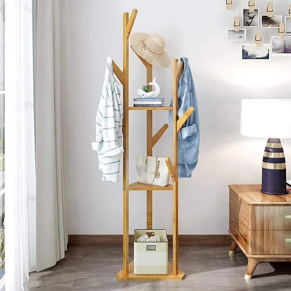 Wooden Coat and Hat Stand with 10 Hooks - Floor Standing Clothes and Umbrella Rack V767-XJJ43-G2