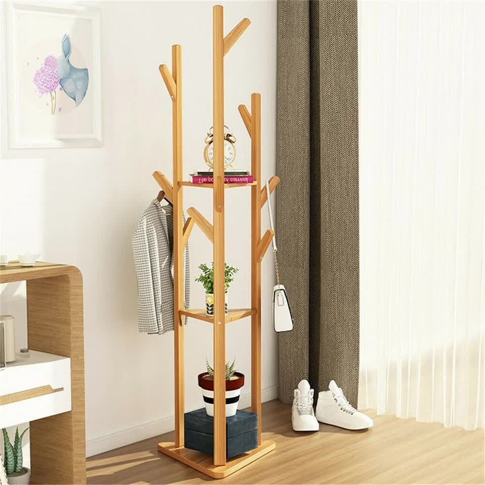 Wooden Coat and Hat Stand with 10 Hooks - Floor Standing Clothes and Umbrella Rack V767-XJJ43-G2