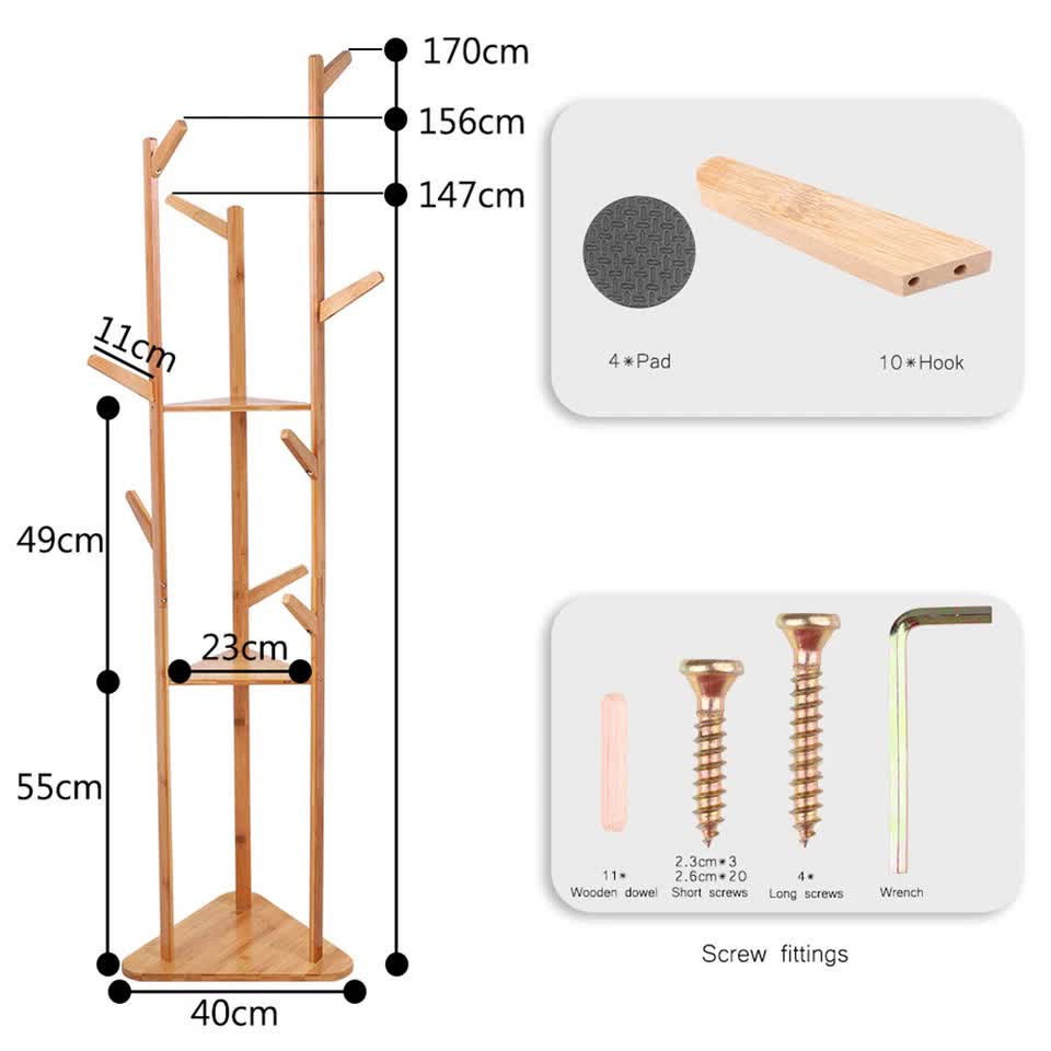 Wooden Coat and Hat Stand with 10 Hooks - Floor Standing Clothes and Umbrella Rack V767-XJJ43-G2