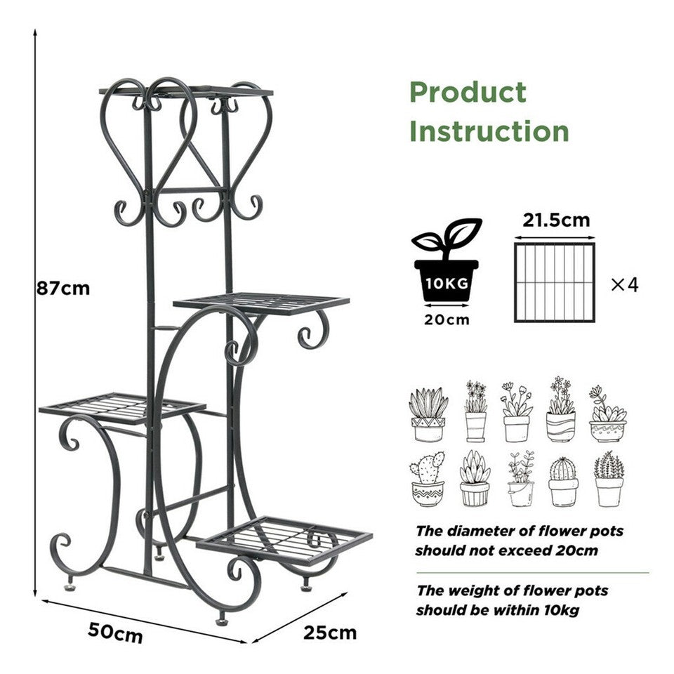 4-Tier Heavy Duty Plant Potted Stand Flower Planters Display Rack Outdoor Indoor V767-XJJ467-BK-G2