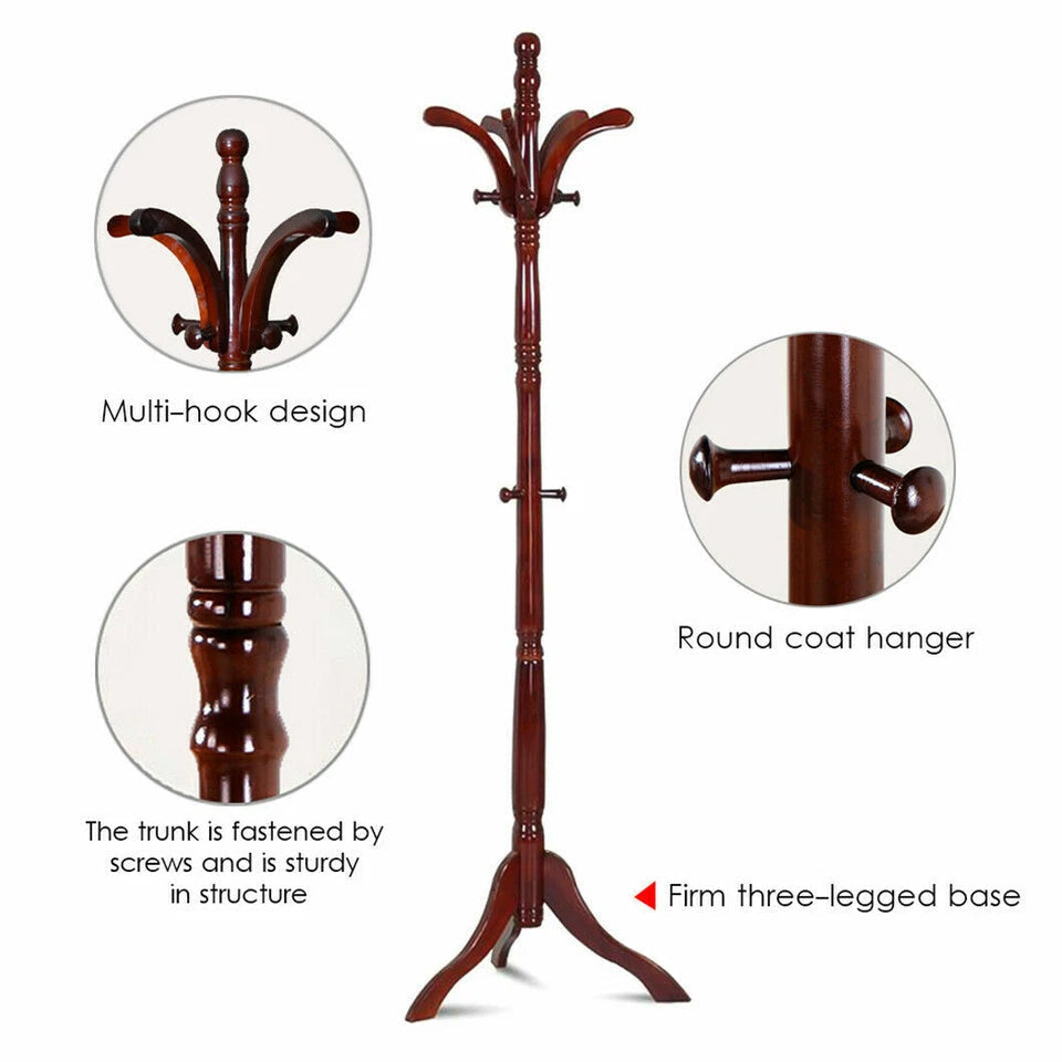 Vintage Wooden Coat Rack Stand with 13 Hooks for Hats, Clothes and Handbags V767-XJJ489-G2