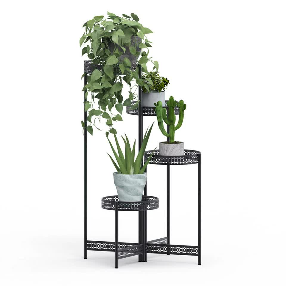 4 Tier Foldable Corner Tall Plant Stand Metal Flower Display Rack Indoor Outdoor V767-XJJ491-L