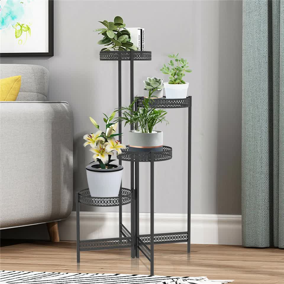 4 Tier Foldable Corner Tall Plant Stand Metal Flower Display Rack Indoor Outdoor V767-XJJ491-L